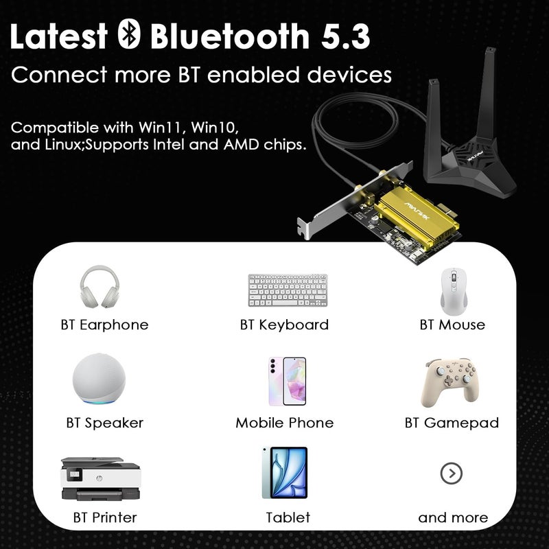 WAVLINK AXE5400 PCIe WiFi 6E WiFi Card with Magnetic Antennas, 2025 Tri-Band Wireless Network Card with Bluetooth 5.3, AX210 Chip, MU-MIMO, WPA3, OFDMA, Low-Profile Bracket, Heat Sink - Image 4